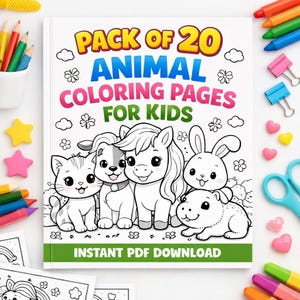 Animal Coloring Pages for Kids, 20 Printable Kids Coloring Sheets, Coloring Book PDF, Kids Activities Digital Download