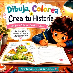 Puede incluir: Un libro infantil con el título "Dibuja, Colorea y Crea tu Historia". La imagen muestra a un niño dibujando, una ilustración de un dragón verde y una variedad de lápices de colores. El texto fomenta la imaginación y la creatividad, con las palabras "Imagina, Colorea, Escribe, Crea".