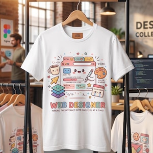 Puede incluir: Una camiseta blanca con un gráfico colorido de una interfaz de navegador web con una cara sonriente, un lápiz, una paleta de colores e iconos de codificación. El texto dice WEB DESIGNER MAKING THE INTERNET CUTE ONE PIXEL AT A TIME.