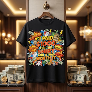 Puede incluir: Una camiseta negra de manga corta con un gráfico colorido estilo cómic con el texto KABOOM! I PAID $1000 FOR THIS SHIRT AND IT WAS WORTH IT. POW! BOOM! El diseño incluye ilustraciones de fajos de billetes, monedas y recibos.
