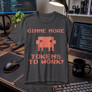 Puede incluir: Una camiseta de manga corta gris carbón con un gráfico naranja pixelado de un personaje cuadrado con símbolos de mayor y menor que como ojos, y el texto GIMME MORE TOKENS TO WORK! impreso en una fuente naranja pixelada a juego.