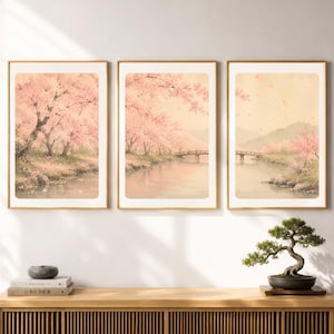 Japanischer Kirschblütenfluss Triptychon Wandkunst | Aquarell druckbares 3er-Set