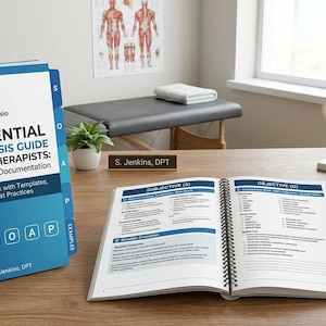 May include: A spiral-bound workbook titled The Essential SOAP Analysis Guide for Physiotherapists: Mastering Clinical Documentation, featuring a blue and white cover with a spine graphic and a matching open workbook on a desk.