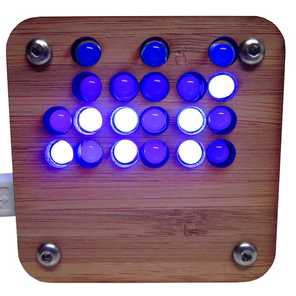 Binary Clock Kit in Sustainable Bamboo Case USB Powered Blue Lights