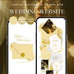 Plantilla de sitio web de boda con diseño floral amarillo, sobre para abrir con clic, con confirmación de asistencia y temporizador de cuenta regresiva. Personalizable en Canva (descarga digital).