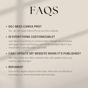 Puede incluir: Un gr&aacute;fico informativo beige titulado FAQS en fuente serif negra. Enumera cuatro preguntas y respuestas sobre los requisitos de Canva Pro, opciones de personalizaci&oacute;n para sobres y art&iacute;culos de papel, actualizaciones del sitio web y reembolsos.
