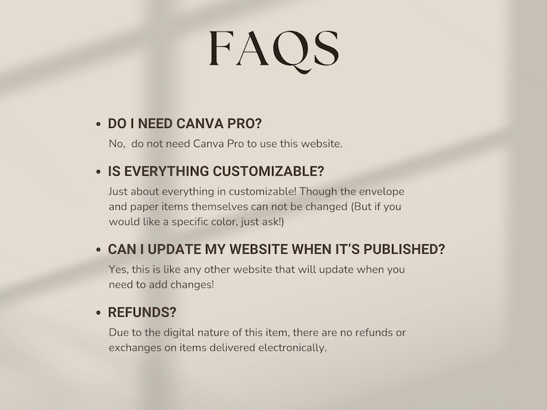 Puede incluir: Un gr&aacute;fico informativo beige titulado FAQS en fuente serif negra. Enumera cuatro preguntas y respuestas sobre los requisitos de Canva Pro, opciones de personalizaci&oacute;n para sobres y art&iacute;culos de papel, actualizaciones del sitio web y reembolsos.