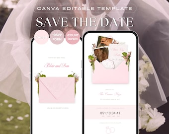 Plantilla de sitio web para anunciar la fecha de la boda con diseño floral en rosa y verde: sobre con confirmación de asistencia (descarga digital).
