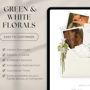 Puede incluir: Una plantilla de invitaci&oacute;n de boda digital en una pantalla de tableta con detalles florales verdes y blancos, fotos estilo polaroid de una pareja y el texto Save Our Date 04.27.2027. La interfaz incluye secciones personalizables.