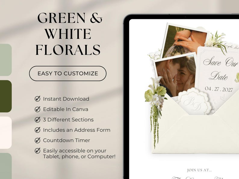 Puede incluir: Una plantilla de invitaci&oacute;n de boda digital en una pantalla de tableta con detalles florales verdes y blancos, fotos estilo polaroid de una pareja y el texto Save Our Date 04.27.2027. La interfaz incluye secciones personalizables.