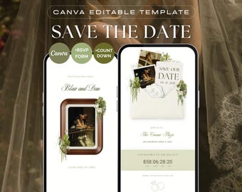 Plantilla web para anunciar la fecha de la boda con marco de madera floral blanco y verde, incluye formulario de dirección y cuenta regresiva (descarga digital).