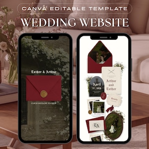 Trouwwebsitesjabloon - Middeleeuwse fantasie, rood, klik om envelop te openen, aanpasbare RSVP Canva (digitale download)