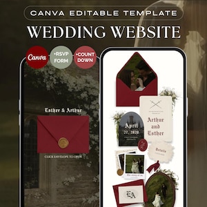 Wedding Website Template - Medieval Fantasy Red Click to Open Envelope Customizable RSVP Canva (Digital Download)