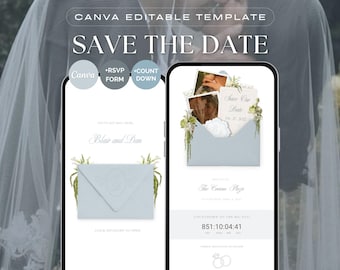 Plantilla de sitio web para anunciar la fecha de la boda con diseño floral en tonos azul claro y blanco - Sobre con confirmación de asistencia (descarga digital)