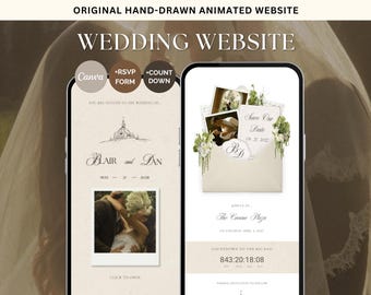 Plantilla web de boda "Save the Date" en color crema y beige con diseño Polaroid - Plantilla digital animada para capilla de bodas en Canva (descarga digital)