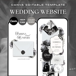May include: A Canva editable wedding website template displayed on two smartphone screens. The design features black and white floral graphics, an envelope icon with a wax seal, and text reading Sabrina and Humphry, RSVP Form, Count Down, Details, and Faqs.