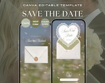 Szablon strony internetowej z koronką w kolorze szałwiowo-zielonym i różowymi płatkami, z informacją o dacie ślubu – kliknij, aby otworzyć kopertę z informacją o RSVP Canva (pobranie cyfrowe)
