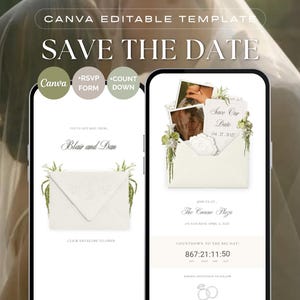 May include: A digital Save the Date Canva template displayed on two smartphone screens. The design features an envelope graphic, floral accents, and text including Blair and Dan, Save Our Date, and a countdown timer for the wedding day event.