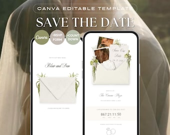 White Floral Save The Date Wedding Website Template - Click to Open Envelope with RSVP Canva (Digital Download)