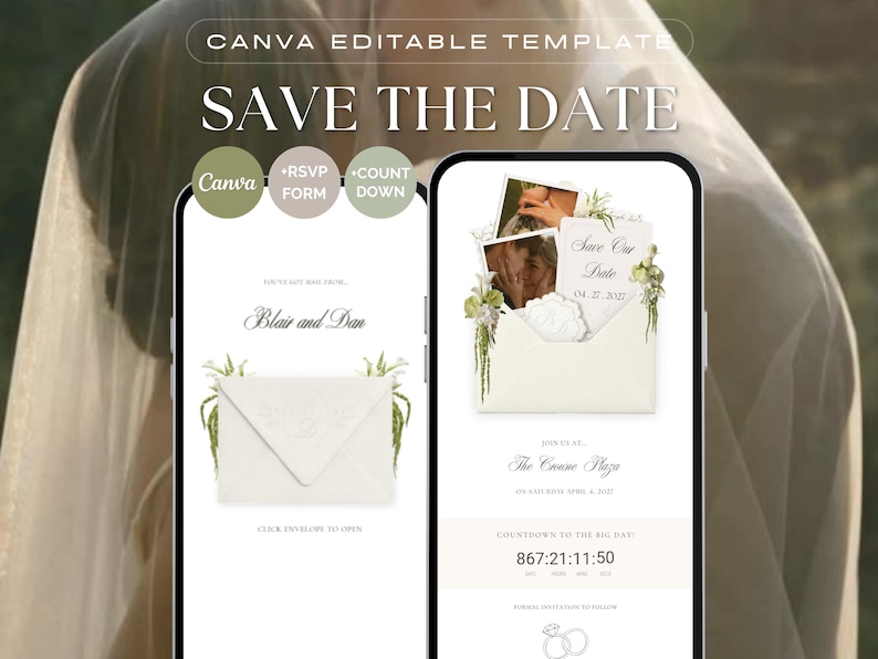 Puede incluir: Una plantilla digital Save the Date de Canva mostrada en dos pantallas de smartphone. El dise&ntilde;o presenta un gr&aacute;fico de sobre, detalles florales y texto que incluye Blair and Dan, Save Our Date y un temporizador de cuenta atr&aacute;s.