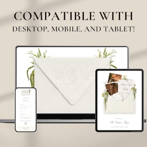 Puede incluir: Un ordenador port&aacute;til, una tableta y un tel&eacute;fono inteligente muestran plantillas de invitaci&oacute;n de boda digitales con detalles florales y sobres. El texto COMPATIBLE WITH DESKTOP, MOBILE, AND TABLET! aparece arriba. Las pantallas muestran detalles.