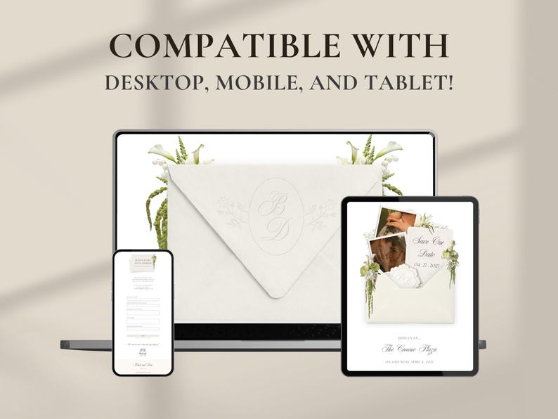 Puede incluir: Un ordenador port&aacute;til, una tableta y un tel&eacute;fono inteligente muestran plantillas de invitaci&oacute;n de boda digitales con detalles florales y sobres. El texto COMPATIBLE WITH DESKTOP, MOBILE, AND TABLET! aparece arriba. Las pantallas muestran detalles.