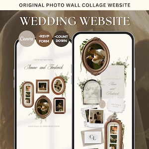 Könnte beinhalten: Eine digitale Hochzeits-Website-Vorlage auf zwei Smartphone-Bildschirmen mit einem Fotocollagen-Design. Die Benutzeroberfläche enthält verzierte braune ovale Rahmen, florale Akzente, RSVP- und Countdown-Buttons sowie den Text Amme and Frederick.