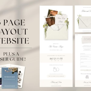 Puede incluir: Una plantilla de sitio web de tres p&aacute;ginas para una invitaci&oacute;n de boda que incluye un sobre con fotos, un temporizador de cuenta regresiva y un formulario de recolecci&oacute;n de direcciones. Incluye un folleto de gu&iacute;a azul con el texto Sunday in May Guidebook.