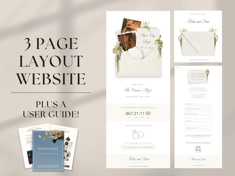 Puede incluir: Una plantilla de sitio web de tres p&aacute;ginas para una invitaci&oacute;n de boda que incluye un sobre con fotos, un temporizador de cuenta regresiva y un formulario de recolecci&oacute;n de direcciones. Incluye un folleto de gu&iacute;a azul con el texto Sunday in May Guidebook.