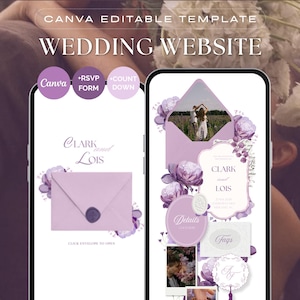 Könnte beinhalten: Eine digitale Hochzeits-Website-Vorlage für Canva mit einem violett-weißen Blumenmotiv. Die Benutzeroberfläche zeigt ein Umschlag-Symbol mit dem Text Clark and Lois, ein RSVP-Formular und Countdown-Optionen sowie eine elegante Typografie und Grafiken.