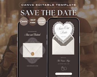 Szablon strony internetowej z informacją o zaproszeniu na ślub Old Money Chocolate Lace – kliknij, aby otworzyć kopertę z RSVP Canva (pobranie cyfrowe)