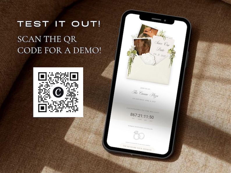 Puede incluir: Un smartphone muestra una invitaci&oacute;n de boda digital con un gr&aacute;fico de sobre, detalles florales y un temporizador de cuenta atr&aacute;s. La pantalla muestra 'Save Our Date', '04.27.2027' y '867:21:11:50'. Un c&oacute;digo QR con un logo 'C' est&aacute; a la izquierda.