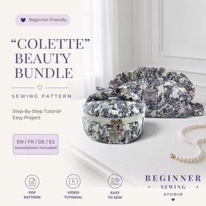 May include: A sewing pattern bundle titled COLETTE BEAUTY BUNDLE featuring a round quilted case and a ruffled pouch in a blue and white toile print. The set includes a PDF pattern, video tutorial, and instructions in English, French, German, and Spanish.