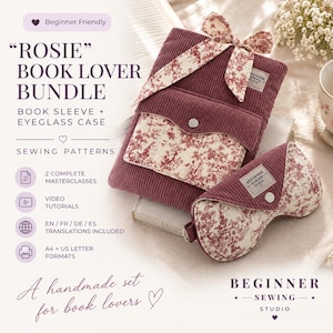 Peut inclure: Un ensemble de patrons de couture intitulé ROSIE BOOK LOVER BUNDLE comprenant une housse de livre et un étui à lunettes en velours côtelé bordeaux et tissu crème à motif floral rouge. Inclut des tutoriels vidéo et formats A4 ou US.