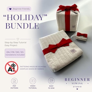 May include: A sewing project kit titled HOLIDAY BUNDLE featuring a cream-coloured corduroy fabric box and pouch, both adorned with red fabric bows. The image includes text: Beginner Friendly, Step-by-Step Tutorial, Easy Project, and BEGINNER SEWING STUDIO.