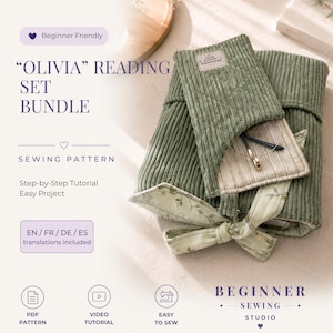 Puede incluir: Un conjunto de lectura de pana verde salvia con un lazo con estampado floral. El conjunto incluye una funda para libros y un bolsillo para gafas. El texto de la imagen dice "Olivia Reading Set Bundle" y "Beginner Sewing Studio".