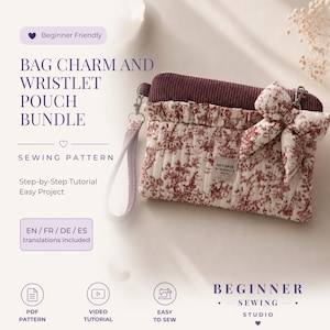 Peut inclure: Un patron de couture pour un ensemble pochette et breloque de sac. La pochette présente un haut en velours côtelé marron foncé, un corps matelassé crème avec un motif floral rouge, un volant et un nœud en tissu. Texte inclus : BAG CHARM AND WRISTLET POUCH BUNDLE, SEWING PATTERN, BEGINNER SEWING STUDIO.