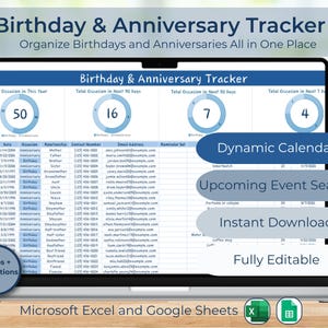 Calendario de cumpleaños y aniversarios / Hojas de cálculo de Excel y Google / Calendario automático (Descarga digital)