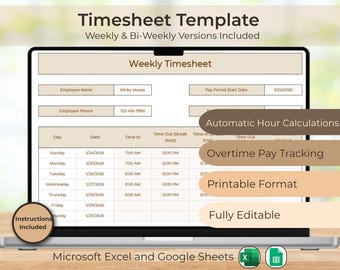 Employee Timesheet Template | Weekly and Bi-Weekly Timesheet | Automatic Overtime & Payroll Calculator | Excel Spreadsheet | Printable