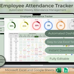 May include: A laptop screen displays an employee attendance tracker. The dashboard shows percentages for present, late, absent, sick, and vacation. Text on the screen includes "Automated Dashboard," "Easy-to-Use Excel Template," and "Instant Download."