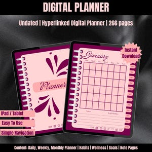 May include: Digital planner displayed on a tablet. The planner features a pink and white design with the word "Planner" and a monthly calendar layout. Text includes "iPad / Tablet", "Easy To Use", and "Simple Navigation". The planner is undated and has 266 pages.