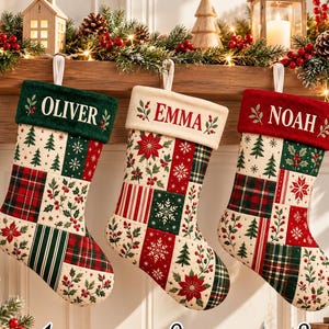 Calza di Natale personalizzata: decorazione natalizia per il camino con motivo a quadri in stile patchwork, regalo per la famiglia.