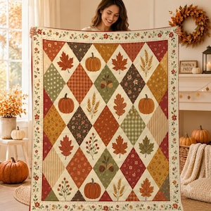 Coperta trapuntata in cotone con motivo zucca autunnale: coperta da letto autunnale in stile patchwork a rombi, stile rustico per il Ringraziamento.