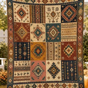 Patchwork-Steppdecke im Südwest-Stil: Gemütliche Tagesdecke im aztekischen Stammesdesign