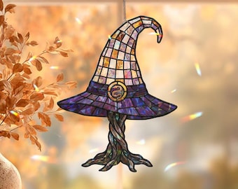 Witch Hat Mushroom Holographic Acrylic: Window Hanging Suncatcher Halloween Celestial Decor
