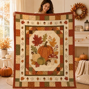 Fall Pumpkin Patchwork Style Quilt Blanket: Cozy Autumn Harvest Orange Rust Cozy Bedding Throw