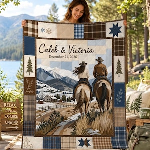 Personalized Cowboy Cotton Quilt Blanket: Custom Western Horse Rider Wedding Anniversary Bedding Throw
