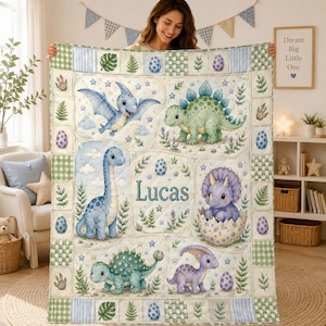 Personalized Dinosaur Quilt, Custom Patchwork Baby Blanket, Kids Nursery Bedding