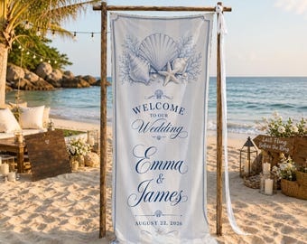 Beach Wedding Linen Banner, Coastal Wedding Welcome Sign, Seashell Wedding Decor