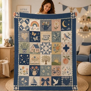 Kołdra w stylu patchworkowym Cottagecore Folk Art: Przytulny niebieski pled w kratkę gingham w kwiaty
